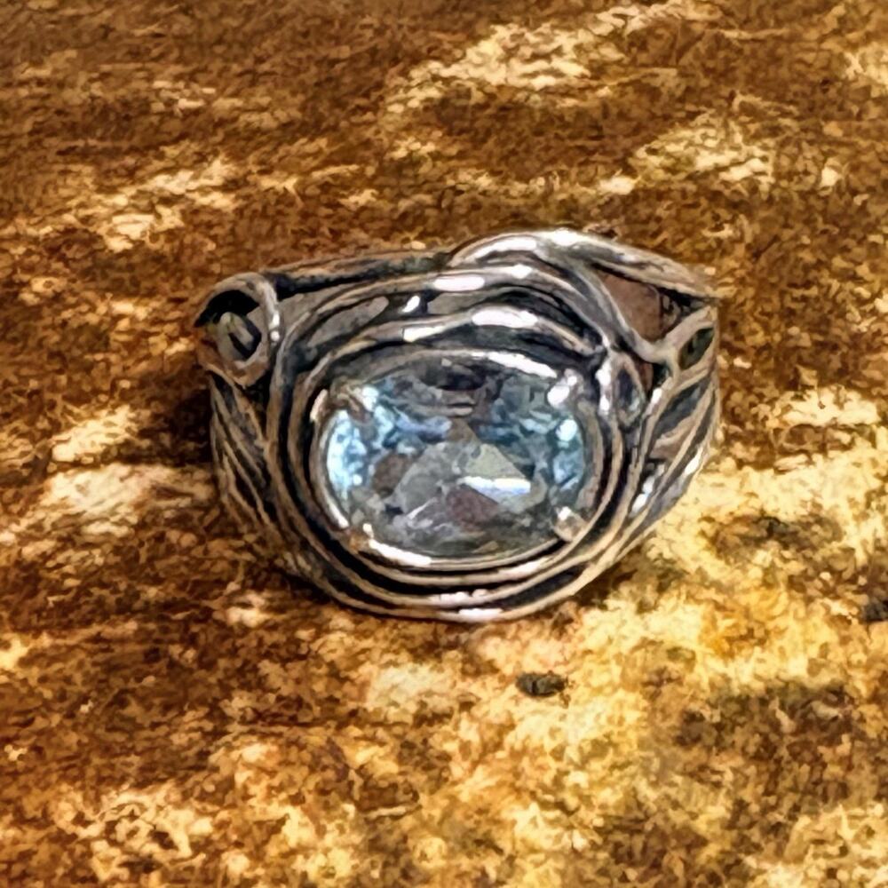 OR PAZ Israel Ring Size 9 Sterling Silver and Blue Topaz w/ Swirls Vintage